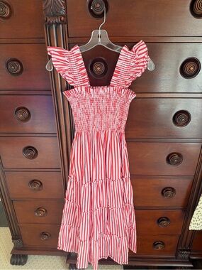 Hill House Red and White Striped Ruffled Midi Dress